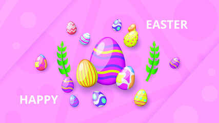 Happy Easter Flowers Eggs Greeting Background. Vector Design Banner Party Invitation Web Poster Flyer Stylish Brochure, Greeting Card Template