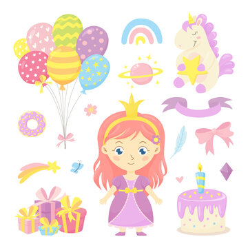 Cute fantasy set with little princess, baby unicorn, rainbow, cake, balloons, gifts and other magic elements