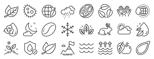 Set of Nature icons, such as Sunny weather, Fair trade, Rainy weather icons. Bacteria, Mint leaves, Apple signs. Leaves, Mountain flag, World water. Water drop, Pumpkin seed, Waves. Leaf. Vector