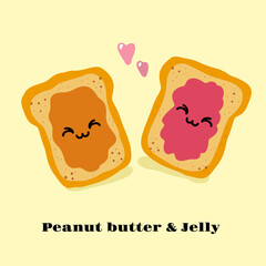 Jelly and peanut butter toast vector illustration in cute doodle style with antropomorphic faces.