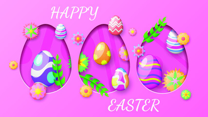 Happy Easter Flowers Eggs Greeting Background. Vector Design Banner Party Invitation Web Poster Flyer Stylish Brochure, Greeting Card Template