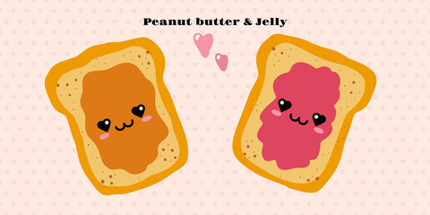 Jelly and peanut butter toast vector illustration in cute doodle style with antropomorphic faces.