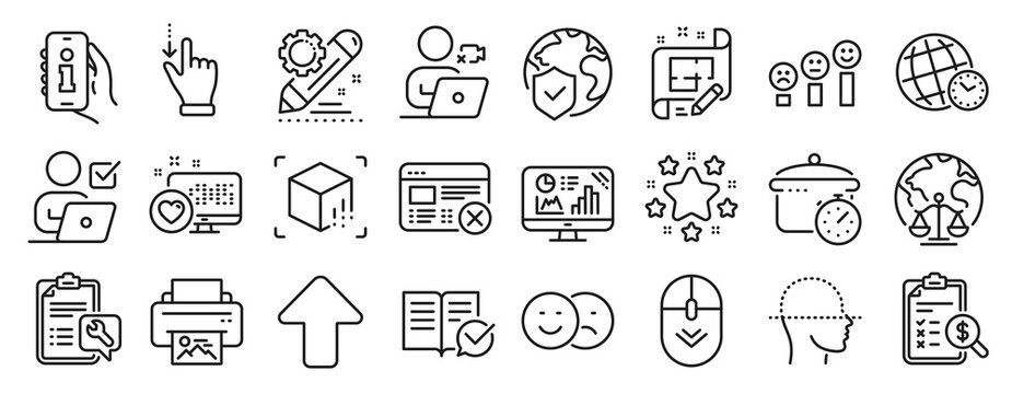Set of Technology icons, such as Analytics graph, Boiling pan, Augmented reality icons. Accounting report, Architect plan, Face scanning signs. World insurance, Video conference, Spanner. Vector