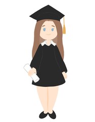 Brown-haired girl graduate from university, college and school. Tassel cap, graduate robe and diploma