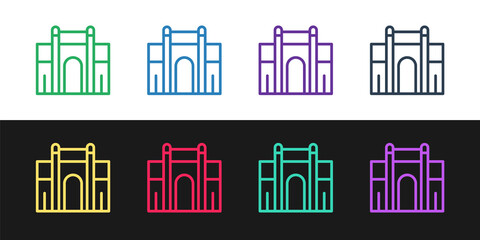 Set line India Gate in New Delhi, India icon isolated on black and white background. Gate way of India Mumbai. Vector