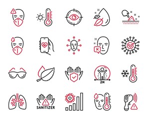 Vector Set of Medical icons related to Mint leaves, Insurance hand and Fever icons. Face biometrics, Face declined and Coronavirus signs. Electronic thermometer, Lungs and Low thermometer. Vector