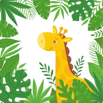 Cute little giraffe with tropical leaves