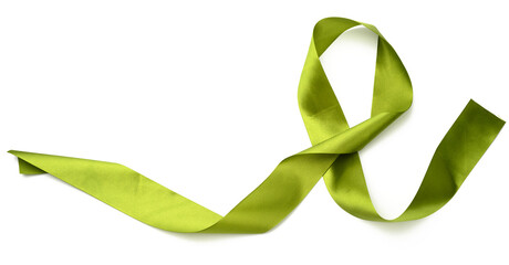 rolled green silk ribbon on white background, gift wrapping decor