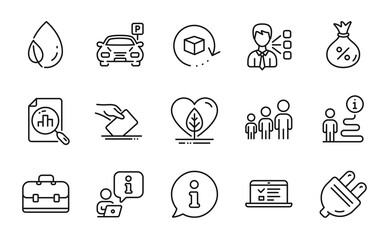 Business icons set. Included icon as Analytics graph, Loan, Web lectures signs. Return package, Third party, Parking symbols. Business hierarchy, Portfolio, Leaf dew. Local grown. Vector