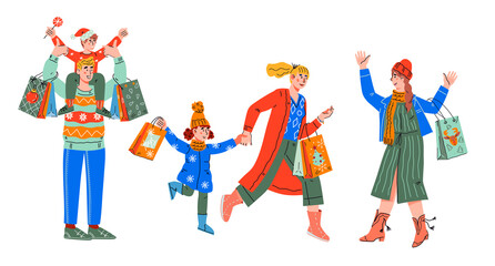 People man, women and children going Christmas shopping and carrying bags. Winter Christmas sale promotion with families running with shopping bags, cartoon vector illustration isolated on white.