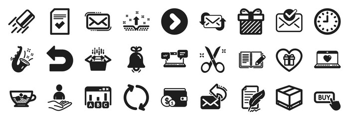 Set of simple icons, such as Recruitment, Refresh, Delivery box icons. Surprise, Approved mail, Feather signature signs. Cold coffee, Romantic gift, Clean skin. Packing boxes, Credit card. Vector