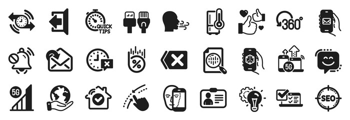 Set of Technology icons, such as Refrigerator, Smile face, Online survey icons. Save planet, Sign out, Time signs. Seo, Face biometrics, Quick tips. Swipe up, Idea gear, Full rotation. Vector