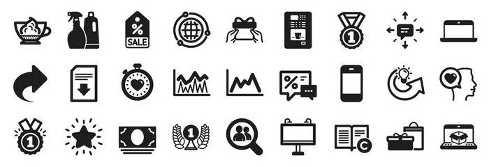 Set of simple icons, such as Rank star, Cash money, Sale coupon icons. Share, Romantic talk, Copyright signs. Give present, Gifts, Laureate award. Approved, Share idea, Coffee vending. Sms. Vector