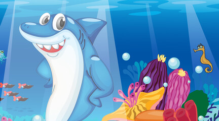 Underwater scene with shark cartoon character and tropical coral reef