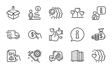 Line icons set. Included icon as Technical documentation, Love heart, Buildings signs. Employees teamwork, Payment, Coins bag symbols. Send box, Like, Friends couple. Coronavirus vaccine. Vector