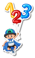 Sticker template with a boy holding many balloons isolated