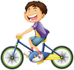 A young man cartoon character riding a bicycle isolated