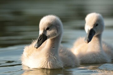 Pair of young swans swim on the lake at dawn
