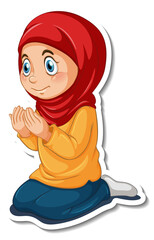 A sticker template with Muslim girl praying cartoon character