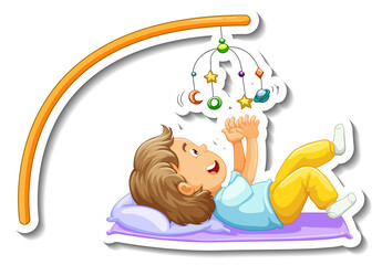 Naklejka premium Sticker template with a little girl playing baby mobile isolated