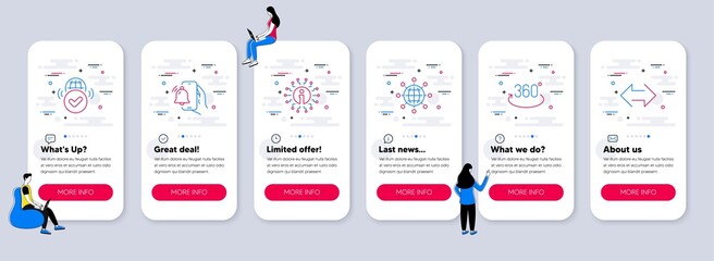 Set of Technology icons, such as Alarm clock, Full rotation, International globe icons. UI phone app screens with teamwork. Verified internet, Info, Sync line symbols. Vector