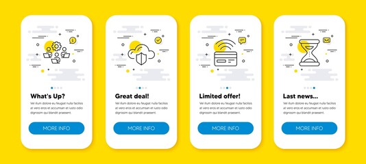 Fototapeta premium Vector set of Cloud protection, Contactless payment and Teamwork line icons set. UI phone app screens with line icons. Time icon. Storage security, Credit card, Remote work. Clock. Vector