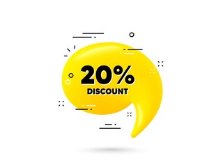 20 percent Discount. Yellow 3d chat bubble. Sale offer price sign. Special offer symbol. Discount minimal talk balloon. 3d dialogue bubble with message. Vector