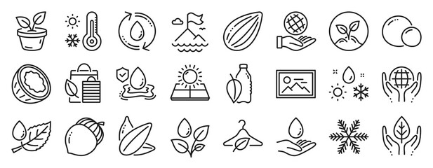 Set of Nature icons, such as Sun energy, Fair trade, Refill water icons. Almond nut, Startup, Weather signs. Organic tested, Plants watering, Acorn. Mountain flag, Bio shopping, Leaf dew. Vector