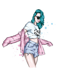 Naklejka premium Beautiful girl in stylish clothes. Fashion and style.