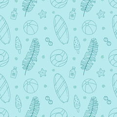 Seamless vector pattern with beach vacation lineart style. Fun hand drawn summer paradise design. Cute background for wrapping paper, gift, fabric, textile, wallpaper, packaging, banner, print.