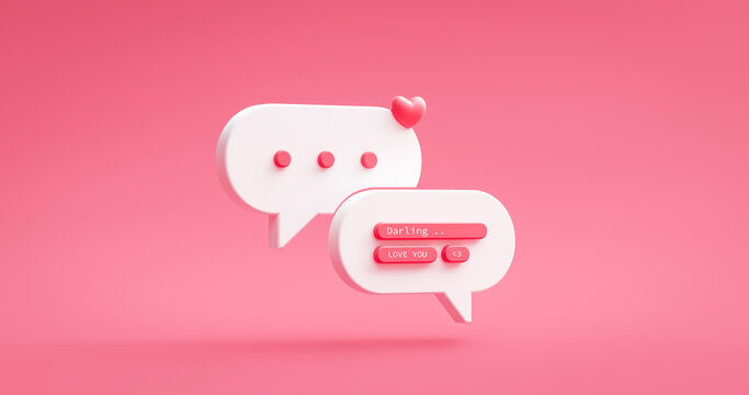 Love message icon and pink heart online social dating chat notification on romantic happy valentine background with greeting quote relationship symbol. 3D rendering.