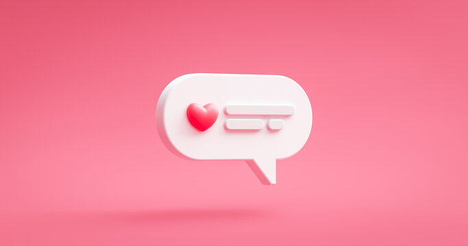 Love message icon and pink heart online social dating chat notification on romantic happy valentine background with greeting quote relationship symbol. 3D rendering.
