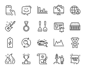 Vector set of Search car, Diagram and Internet notification line icons set. Launch project, Cooking cutlery and Work home icons. Battery charging, Medal and Quick tips signs. Vector