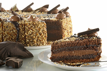 Rochertorte, Kuchen, Torte, ganz, angeschnitten, Stück auf Teller, Detail
