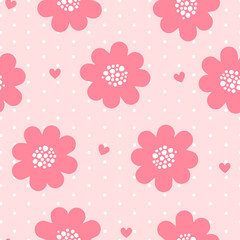 Seamless vector pattern with cute hand drawn flowers with hearts on polka dot background. Gentle floral texture for wrapping paper, textile, print, fabric, wallpaper, gift, packaging.