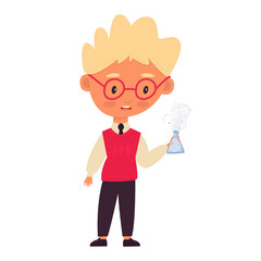 Pupil with test tube for chemical experiments. Child in school uniform. Funny cartoon character...Back to school. Vector illustration, flat