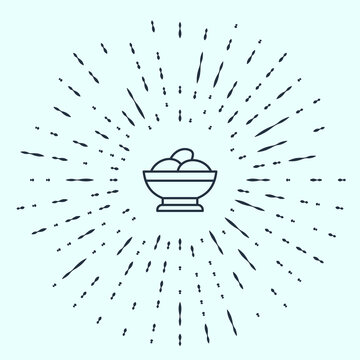 recommend clip art: Black line Varenyky in a bowl icon isolated on grey background. Pierogi, varenyky, dumpling, pelmeni, ravioli. Traditional Ukrainian food. Abstract circle random dots. Vector