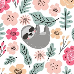 Cute Cartoon sloth and chameleon . Sloth character vector print.  Sloth and leaves vector illustration. Seamless pattern © NadezdaBarkova