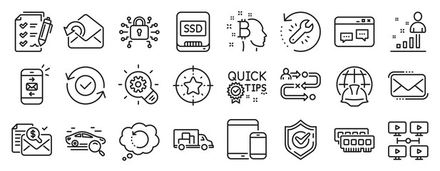 Set of Technology icons, such as Messenger mail, Security confirmed, Stats icons. Bitcoin think, Video conference, Star target signs. Security lock, Mobile devices, Survey checklist. Ssd. Vector