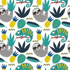 Cute Cartoon sloth and chameleon . Sloth character vector print.  Sloth and leaves vector illustration. Seamless pattern © NadezdaBarkova
