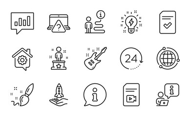 Education icons set. Included icon as Video file, Globe, Electric guitar signs. Online question, Crowdfunding, Success symbols. Checked file, Inspiration, 24 hours. Analytical chat. Vector