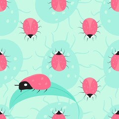 Seamless ladybug pattern with silhouette insect, leaf. Summer background.