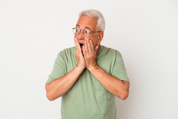 Senior american man isolated on white background scared and afraid.