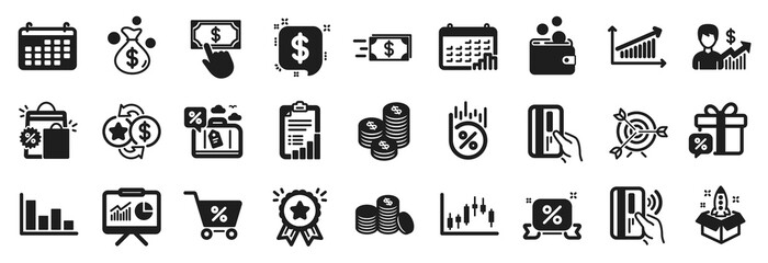 Set of Finance icons, such as Candlestick graph, Contactless payment, Special offer icons. Presentation, Calendar, Histogram signs. Startup, Shopping bags, Coins. Money transfer, Sale gift. Vector