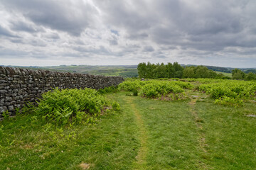 Fototapeta na wymiar Faint paths follow a drystone wall down hill in the Derbyshire countryside