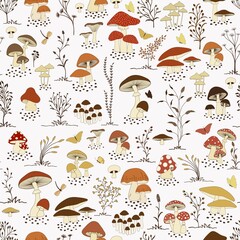 Seamless pattern with cartoon mushrooms and butterflies