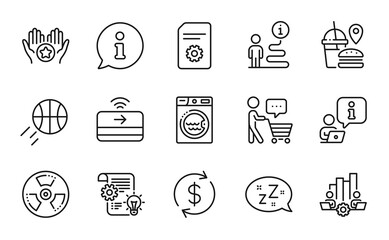 Line icons set. Included icon as Teamwork chart, Buyer think, Favorite signs. Sleep, Laundry, Fast food symbols. Usd exchange, Chemical hazard, Basketball. Cogwheel, File settings. Vector