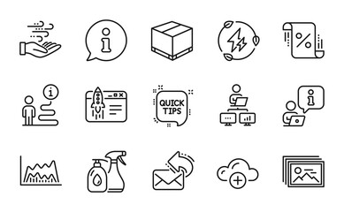 Business icons set. Included icon as Trade chart, Start business, Cleaning liquids signs. Wind energy, Image gallery, Loan percent symbols. Share mail, Work home, Green electricity. Vector
