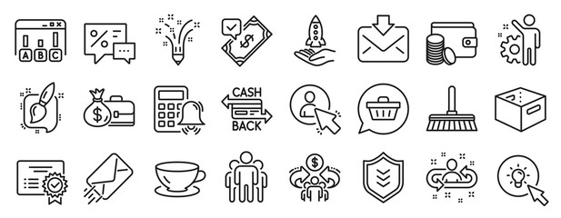 Set of line icons, such as Employee, Salary, Group icons. Discounts, Shield, User signs. Recruitment, Certificate, Payment method. Cashback card, Inspiration, Calculator alarm. Office box. Vector