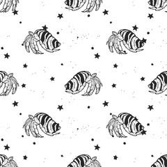 Vector seamless pattern with hermit crab and stars